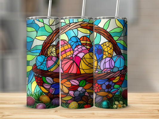 Easter basket overflowing with colorful stained-glass eggs on a wooden surface.