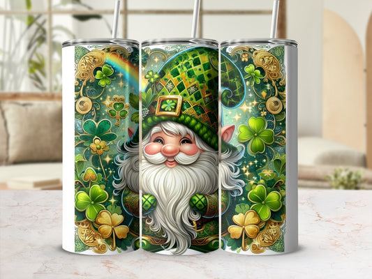 Green gnome with shamrocks and rainbow design on a tumbler.