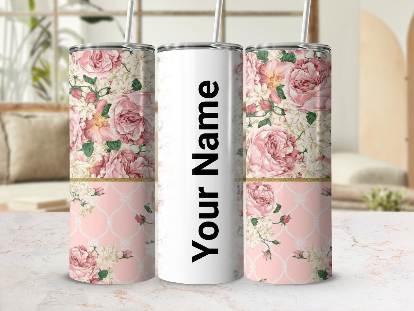 Personalized Floral Customizable Tumbler Cup with Name