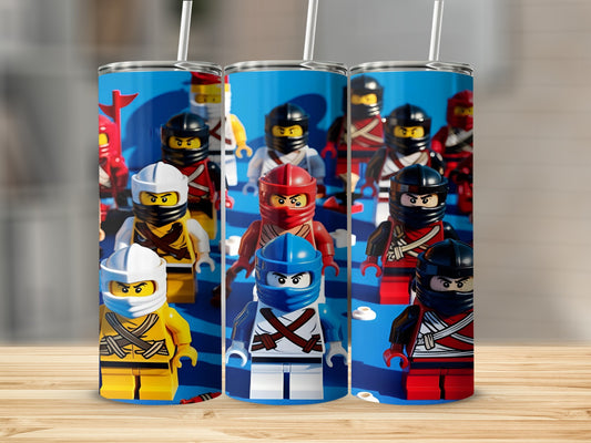 Row of Ninjago minifigures on a blue background with straws.