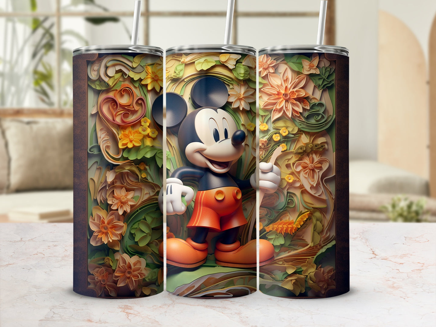 Floral Mickey Mouse Stainless Steel Tumbler Cup
