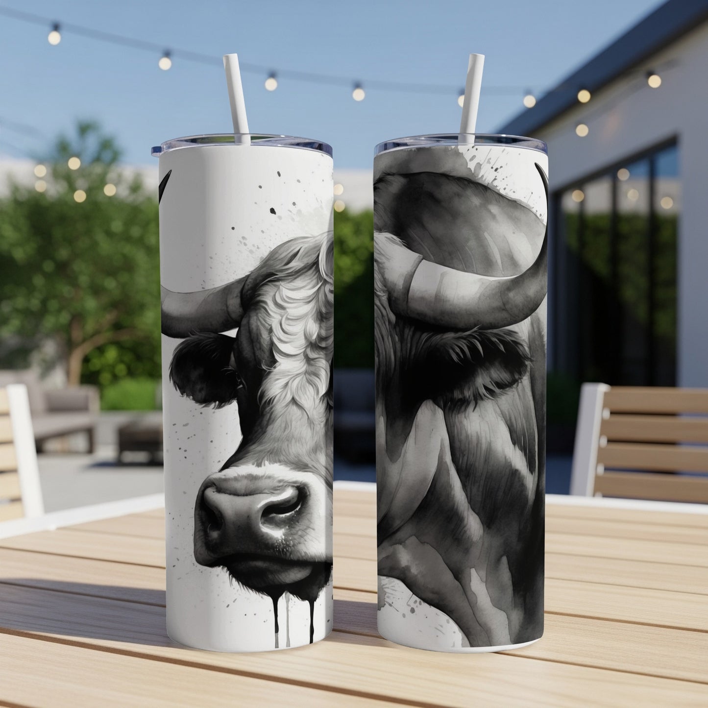 Black and white watercolor bull artwork on two tumblers.