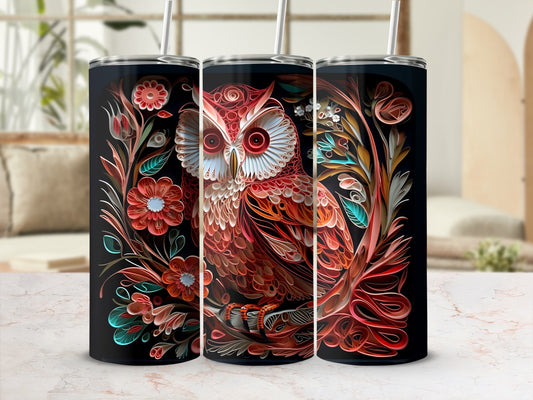 Triptych of tumblers featuring a detailed owl design with floral accents.