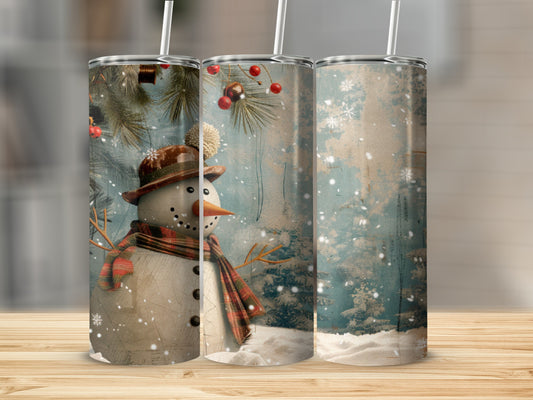 Three tumblers featuring a snowman design with a winter forest background.