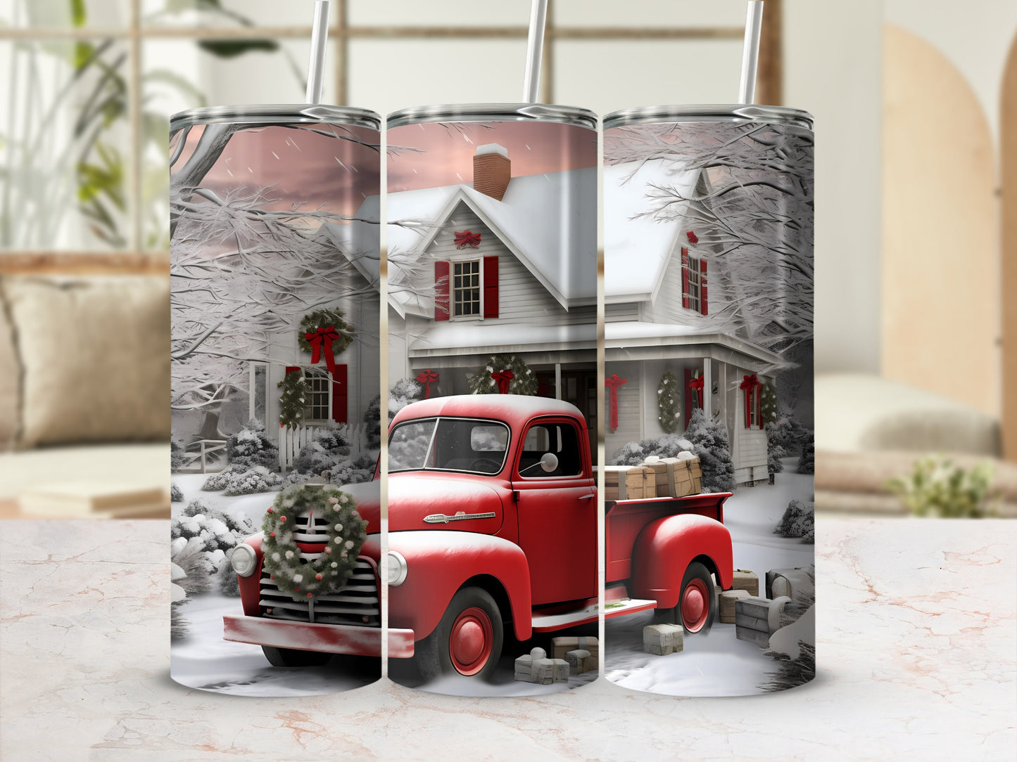 Vintage Red Truck Christmas Winter Scene Tumbler