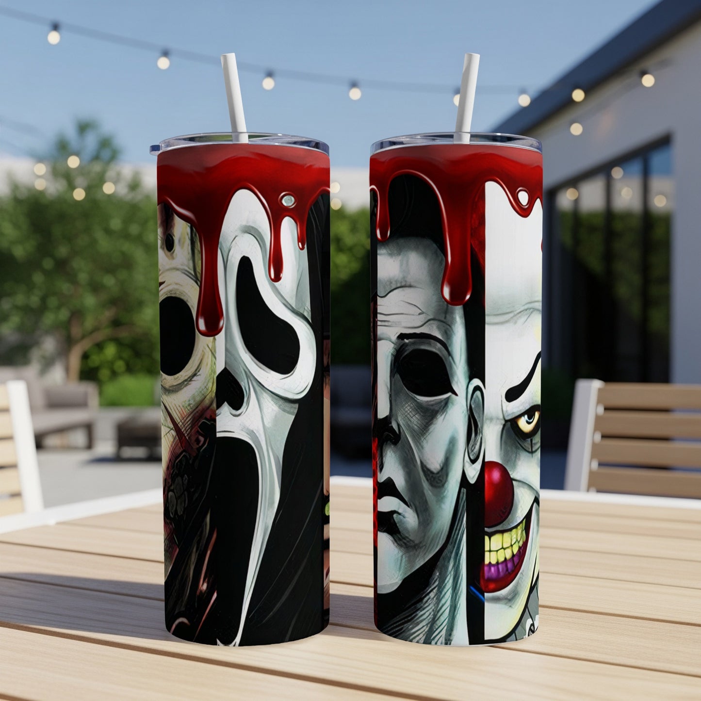 Two tumblers with horror movie masks: Ghostface, Michael Myers, and Pennywise.
