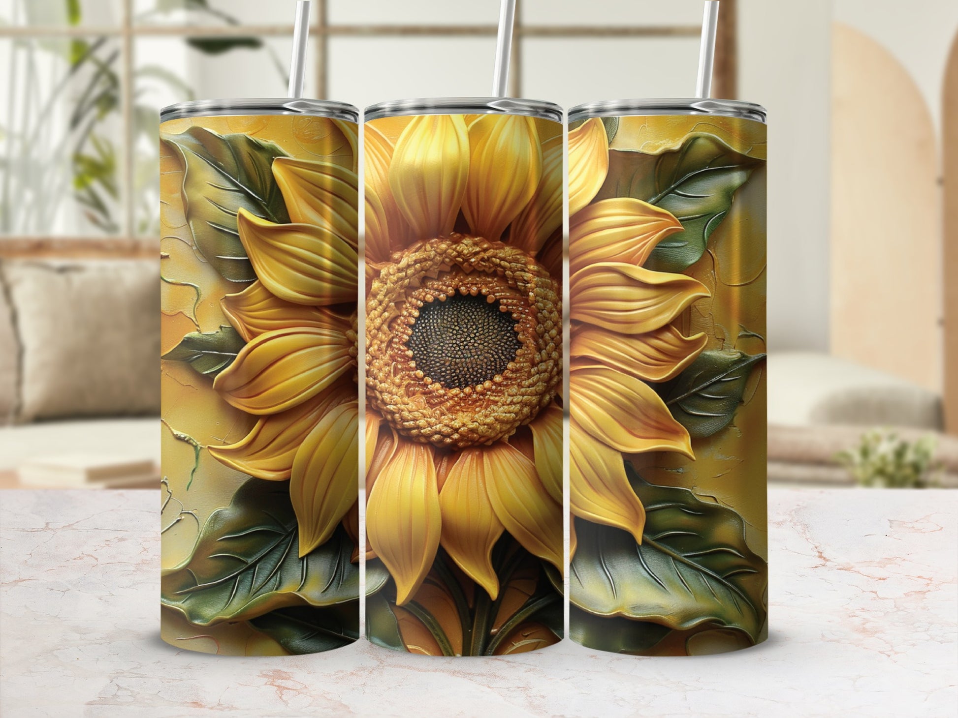 Three tumblers with a detailed yellow sunflower design and green leaves.