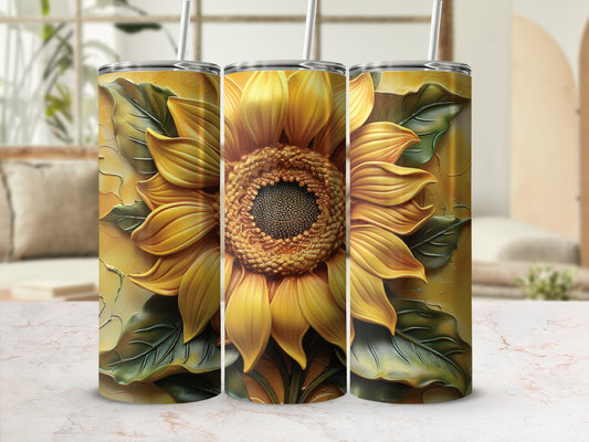 Three tumblers with a detailed yellow sunflower design and green leaves.
