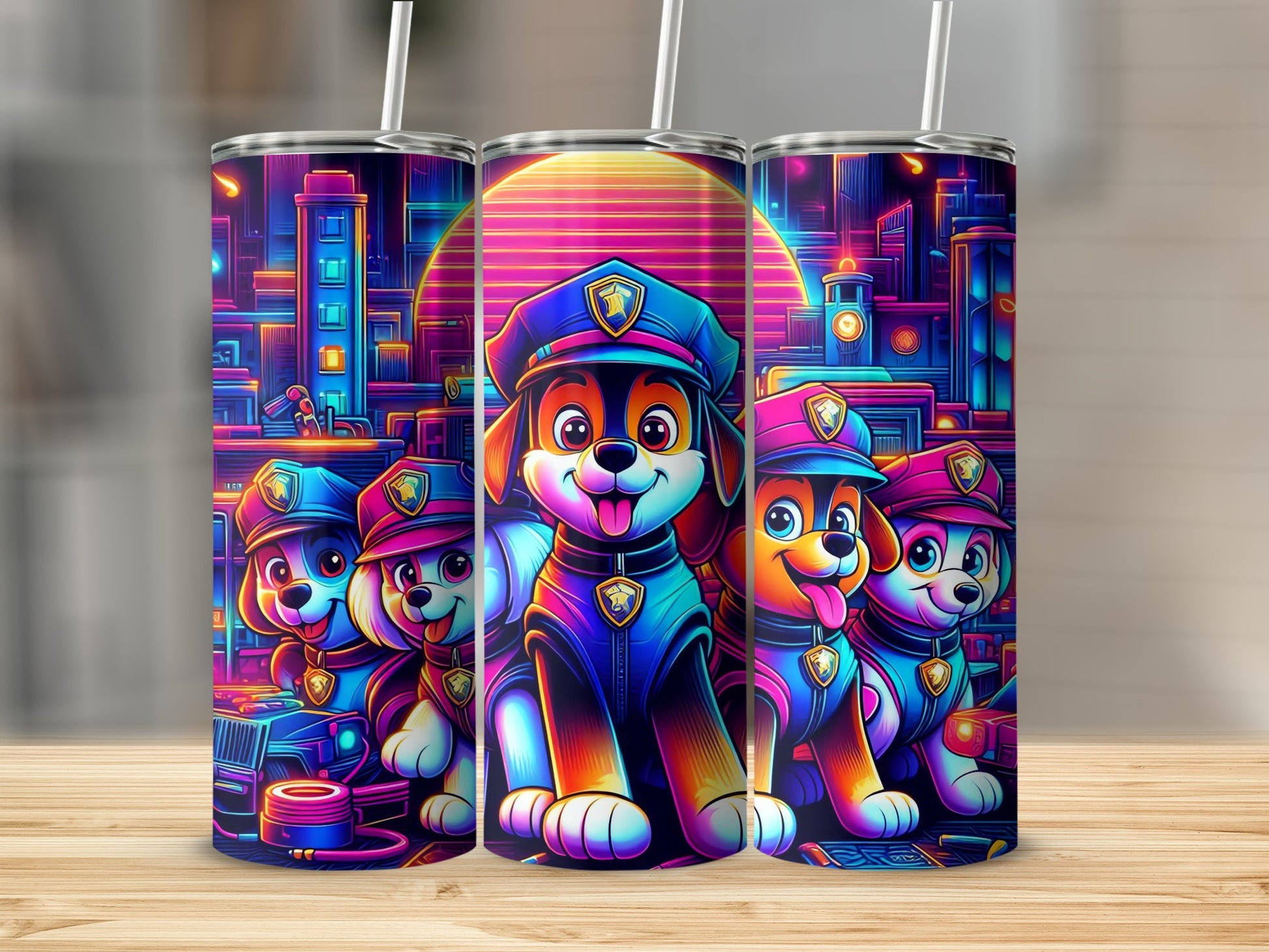Neon City Patrol Dogs Travel Thermos Beverage Container