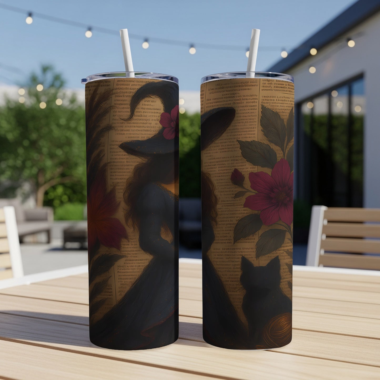 Two tumblers with witch, cat, flowers, and vintage text pattern.