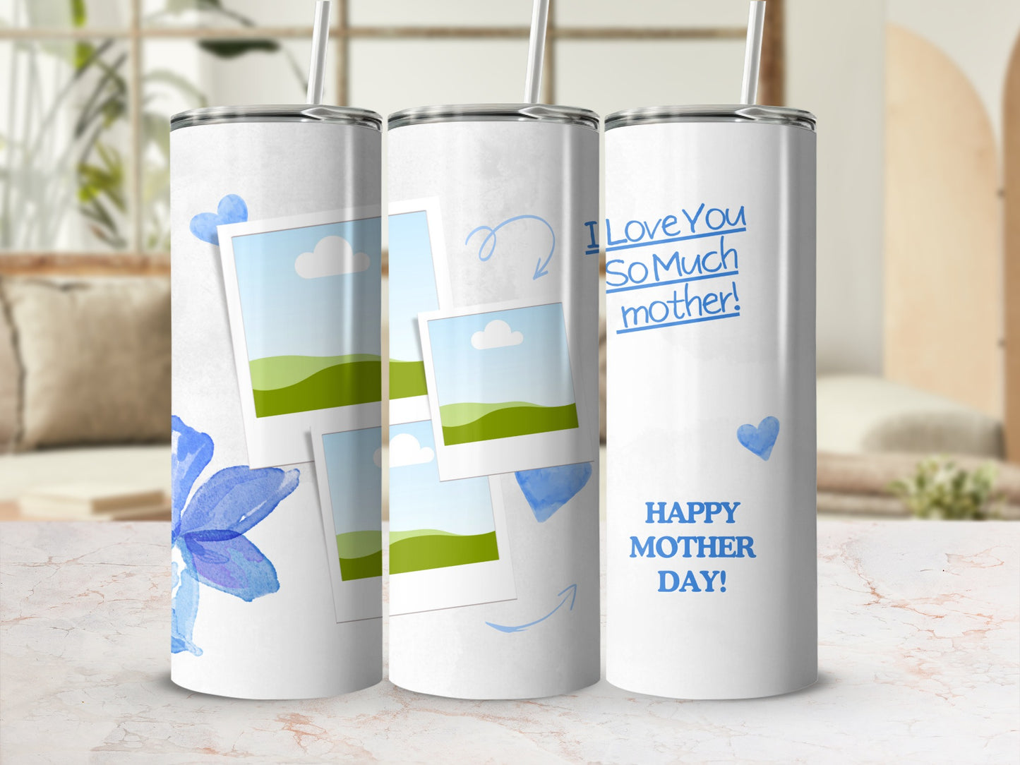 White tumblers with blue watercolor flowers, hearts, and text.