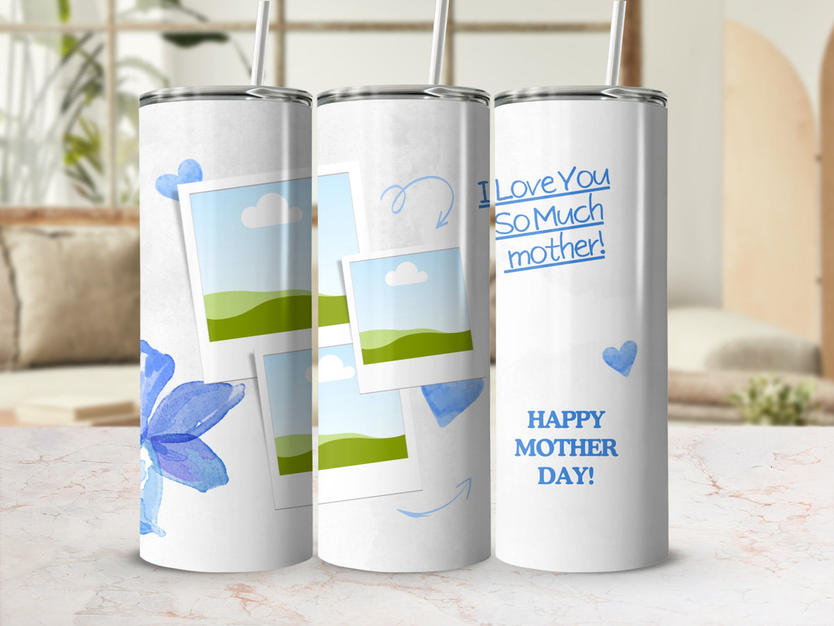 White tumblers with blue watercolor flowers, hearts, and text.