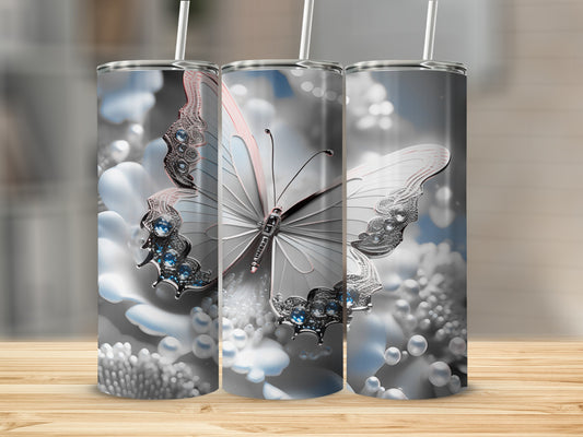 Silver butterfly with blue jewels on floral and pearl background.