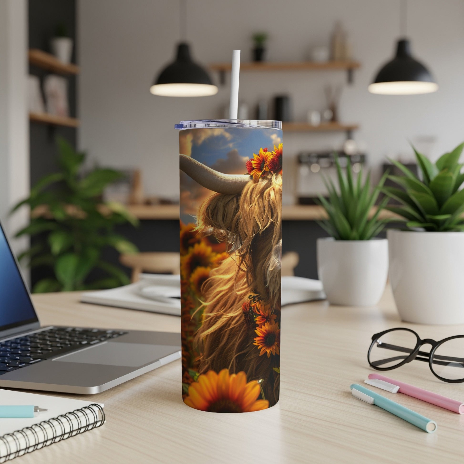 Highland cow with sunflowers on a tumbler cup.