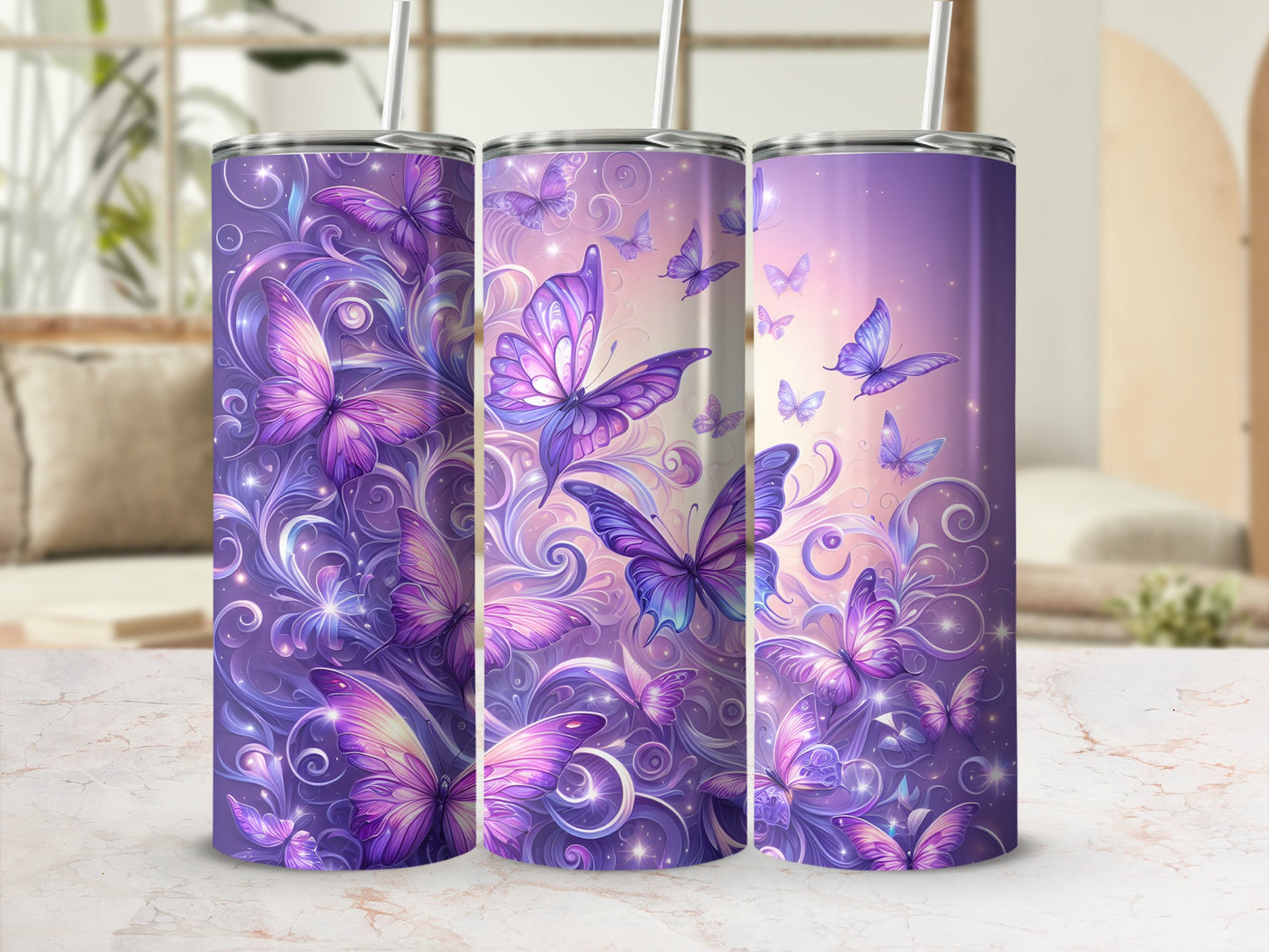 Purple and pink butterflies and ornate floral swirls on a tumbler.