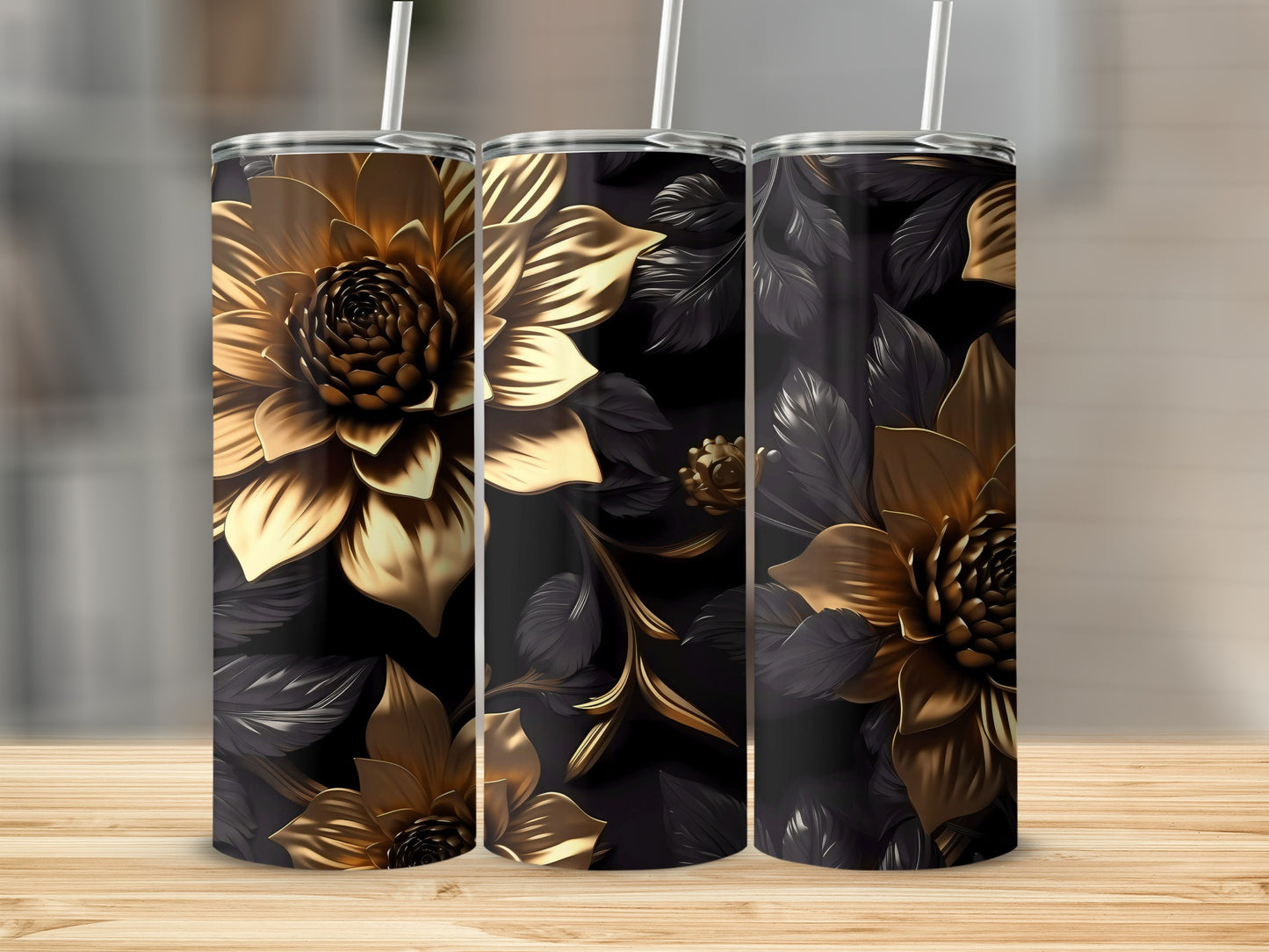 Elegant Gold and Black Floral Design Tumbler Product