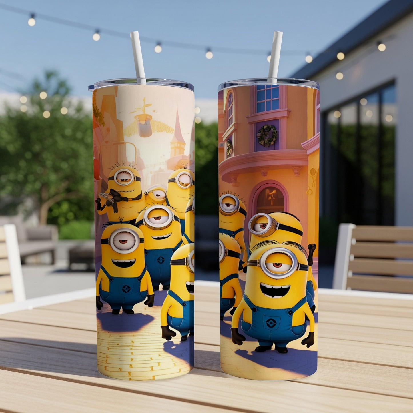 Minions characters featured on two tall tumblers with lids and straws.