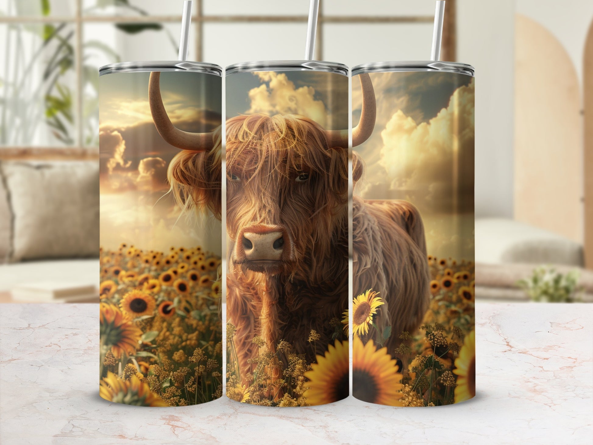 Highland cow in a field of sunflowers with a sunset sky.