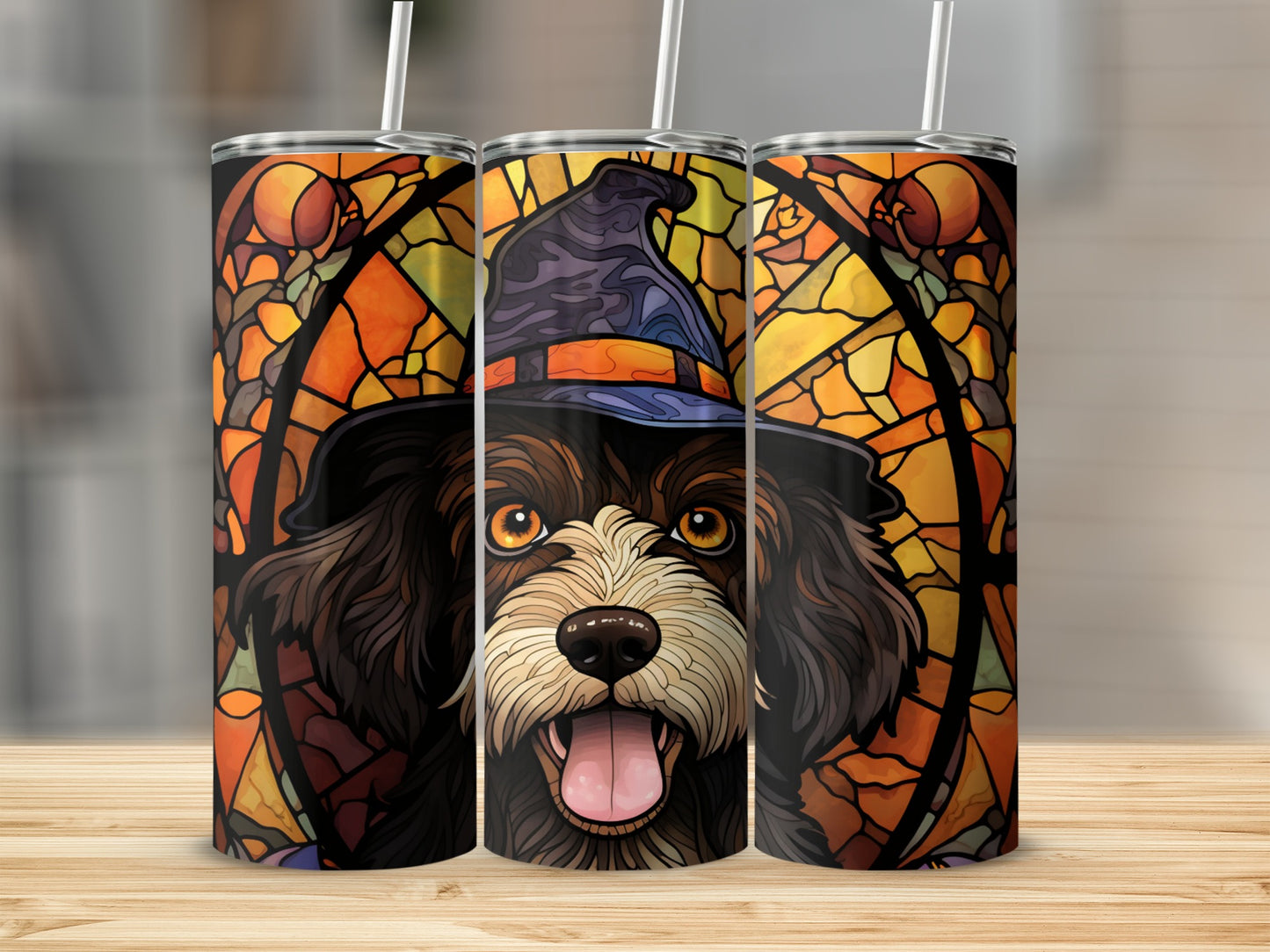 Dog in witch hat, stained glass Halloween design on three tumblers.