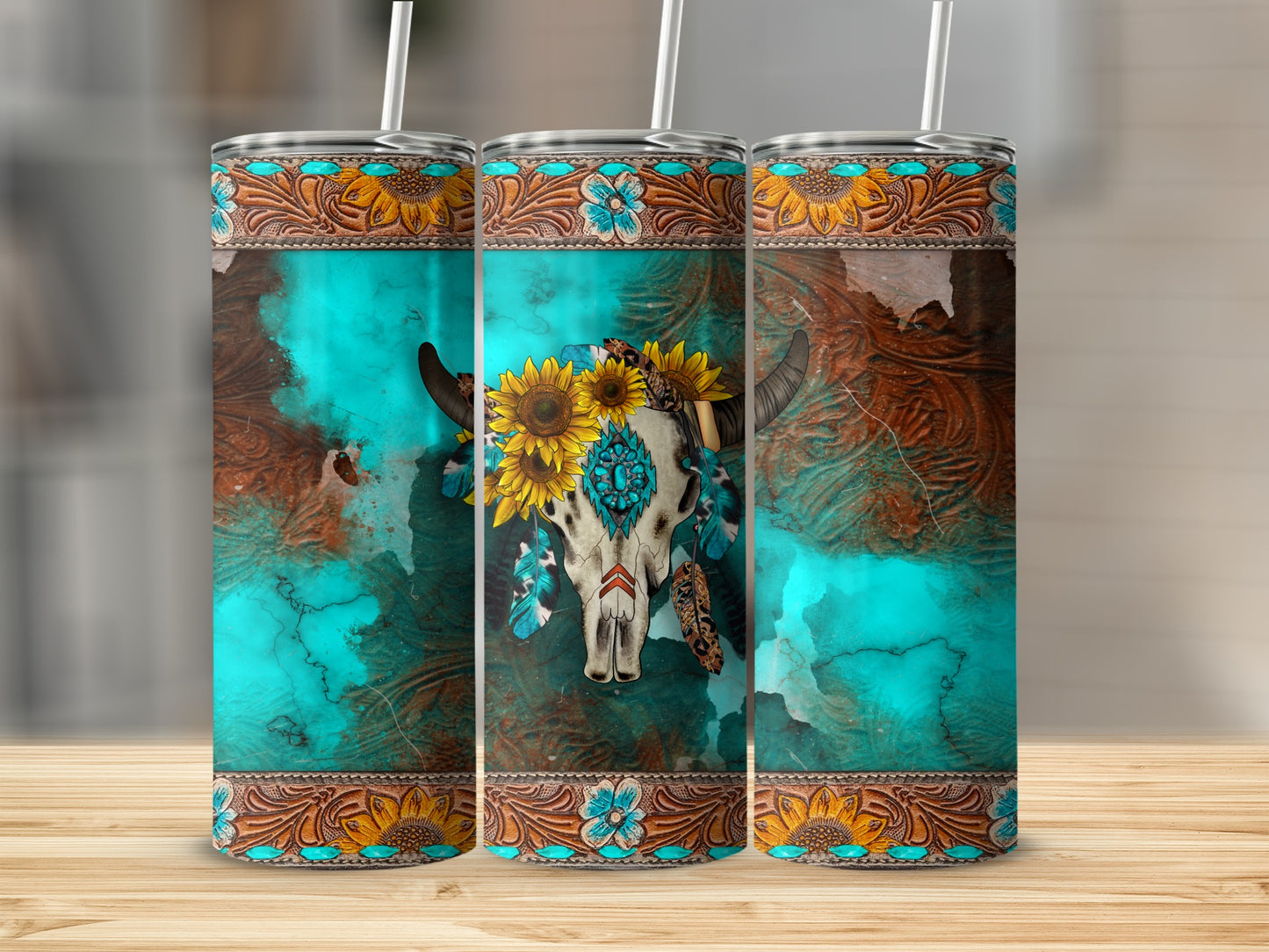 Cow skull with sunflowers and feathers on a teal and brown textured background.