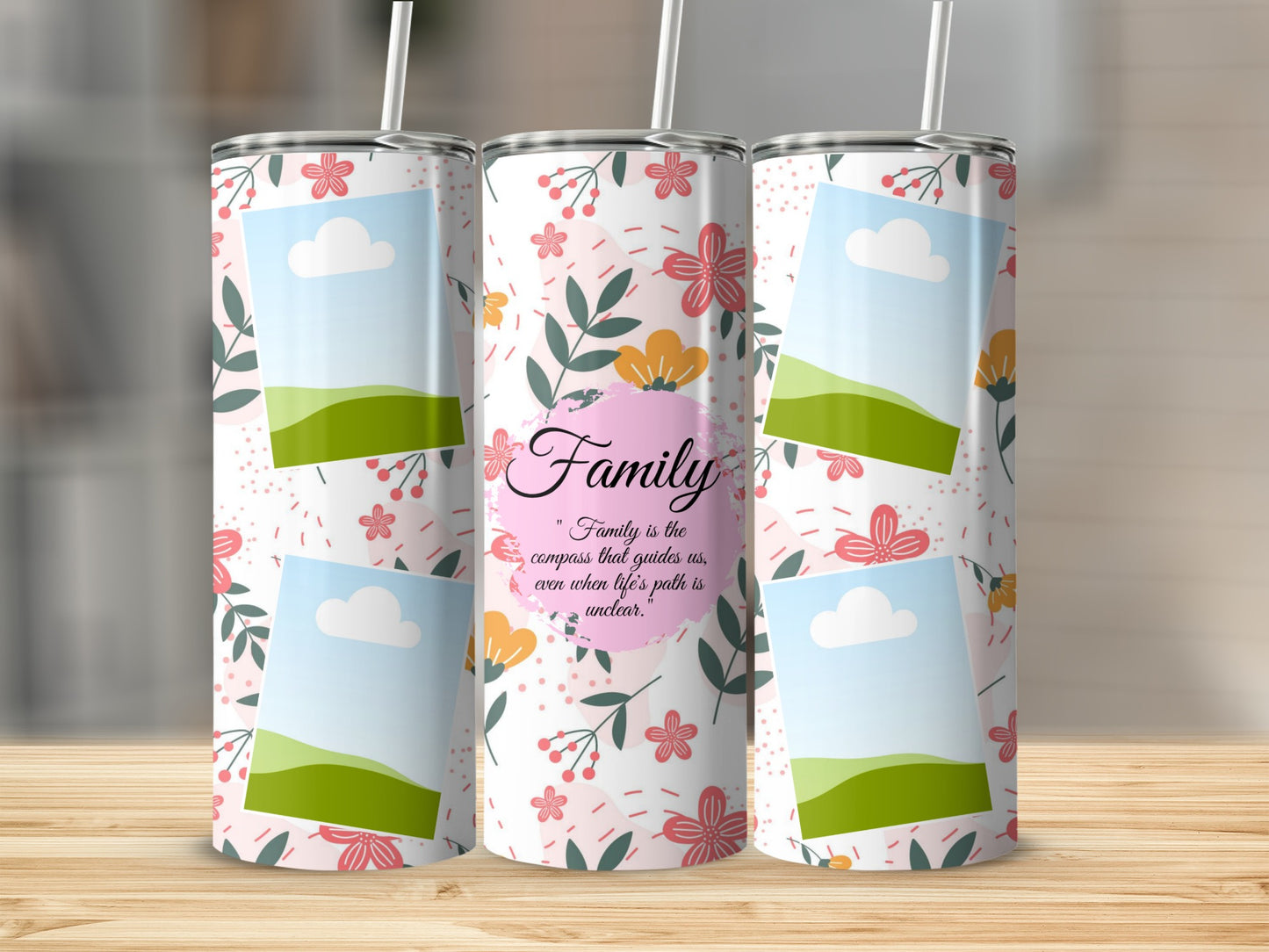 Tumbler with floral pattern and "Family" quote about guidance.