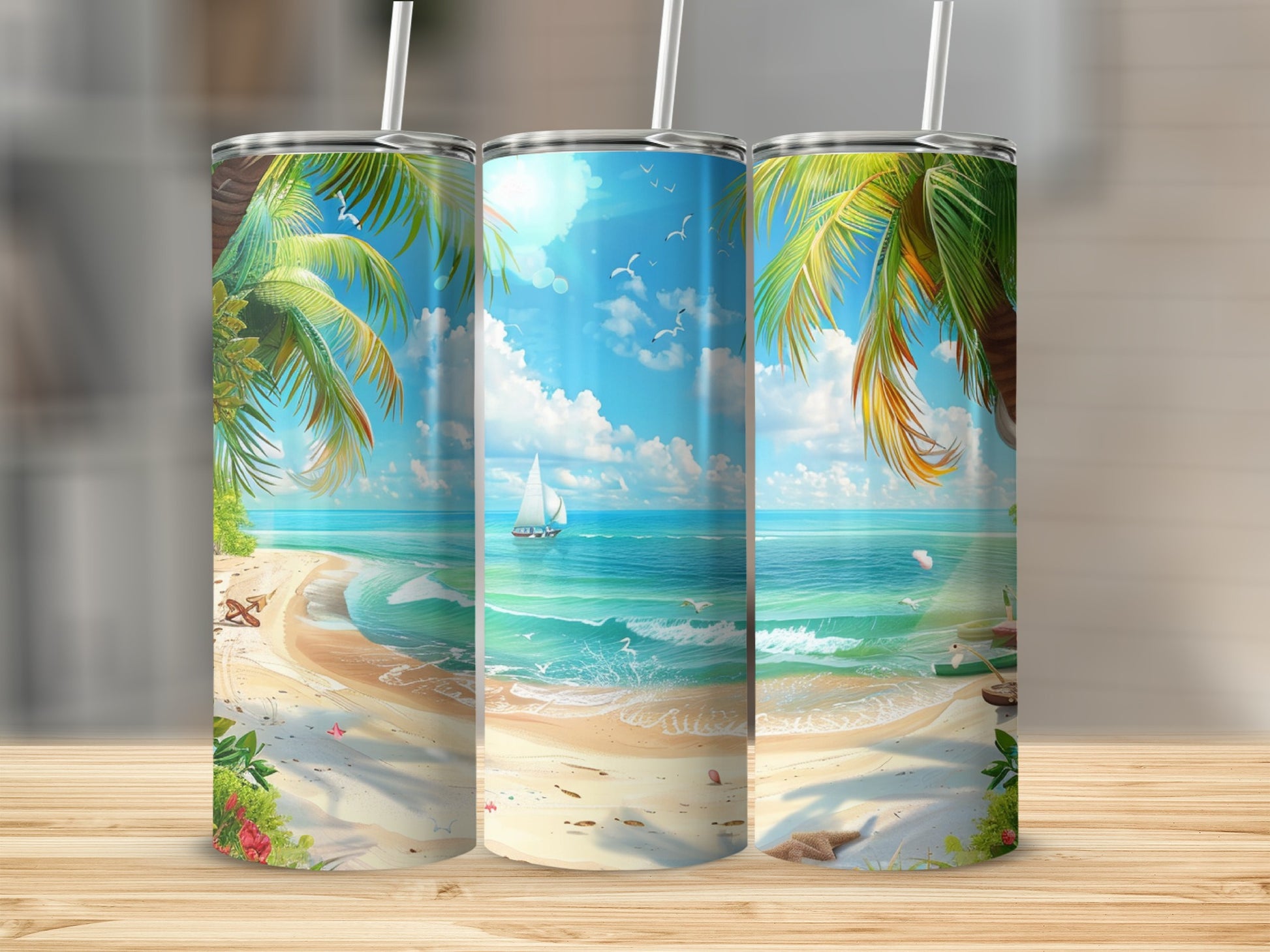 Beach scene with palm trees, ocean, sailboat, and sandy shore.