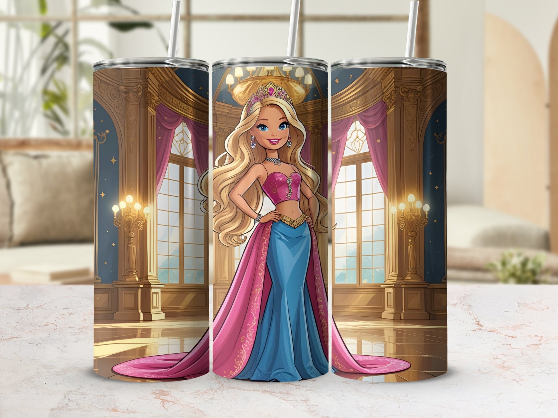 Princess Barbie in pink and blue gown in a ballroom.
