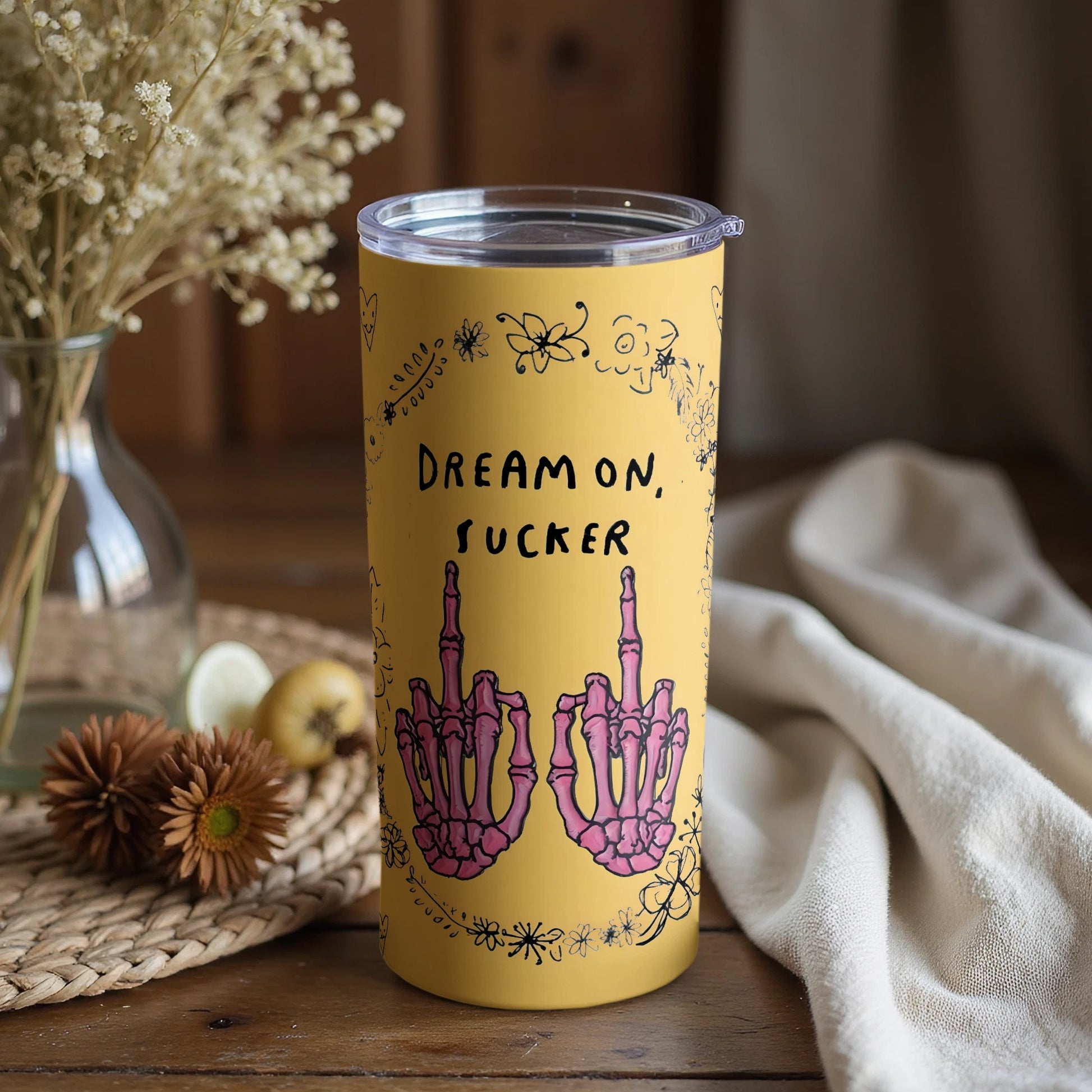 Dream On Sucker Skeleton Hands Yellow Tumbler
