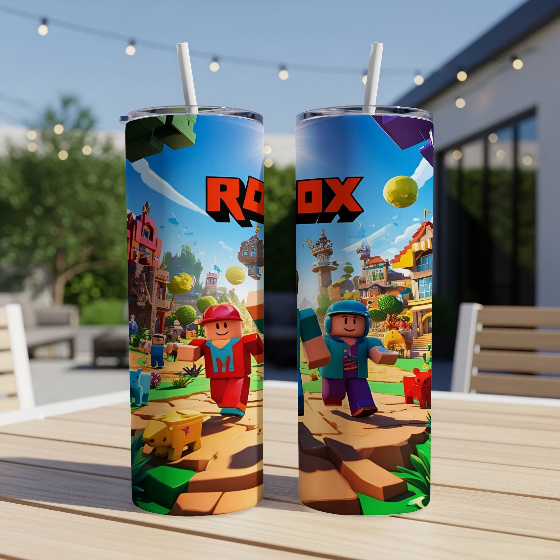 Roblox characters on a colorful, sunny digital landscape with cityscape and sky.