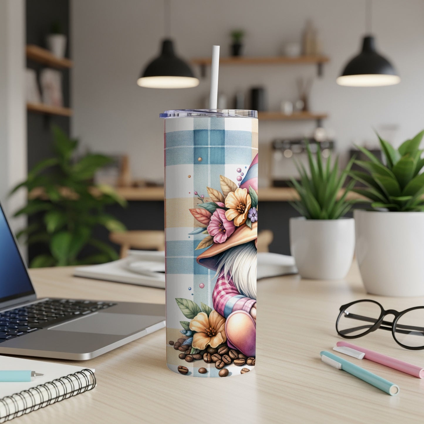 Gnome with heart and coffee beans on plaid tumbler with straw.