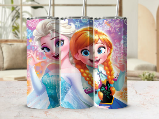 Elsa and Anna from Frozen with snowflakes and sparkles on tumblers.