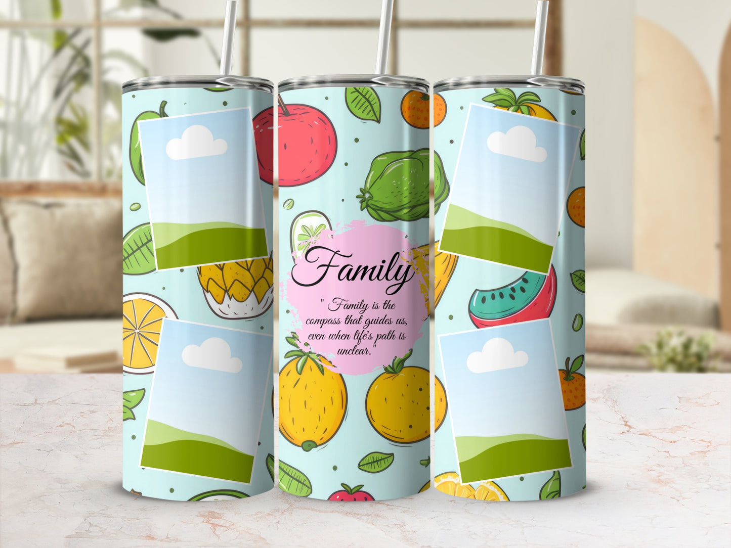 Tumbler with fruit pattern, photo frames, and "Family" quote.