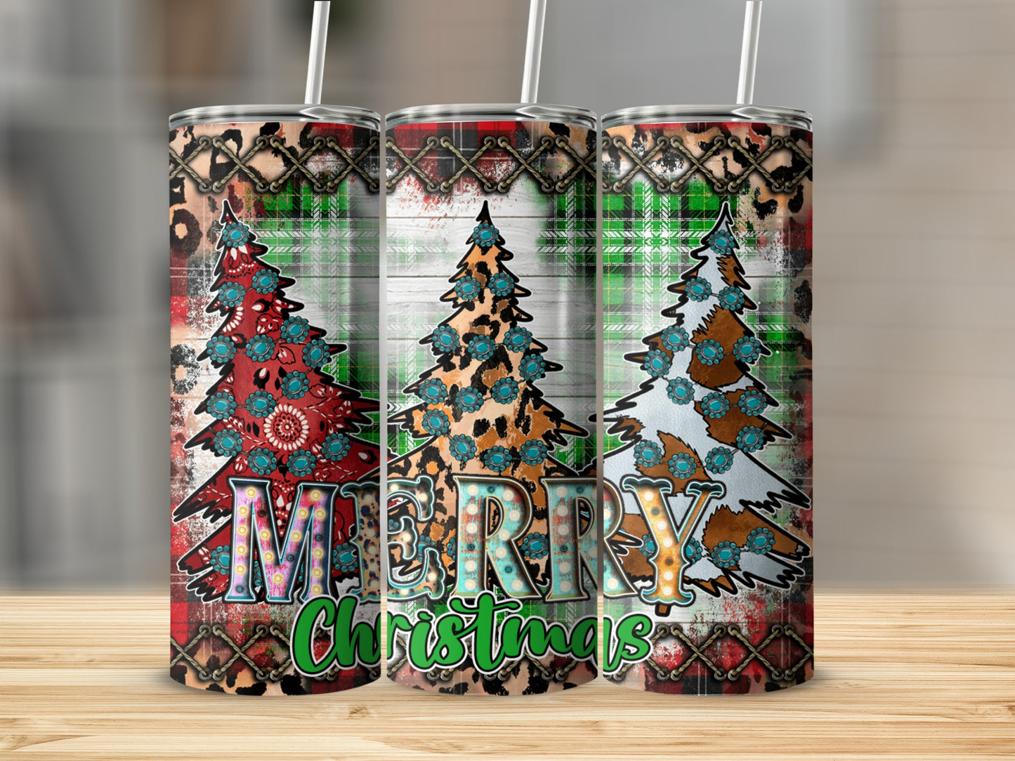 Three tumblers decorated with Christmas trees, plaid, and leopard print.