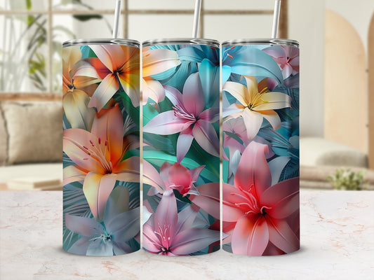 Three tumblers featuring a vibrant floral lily design.