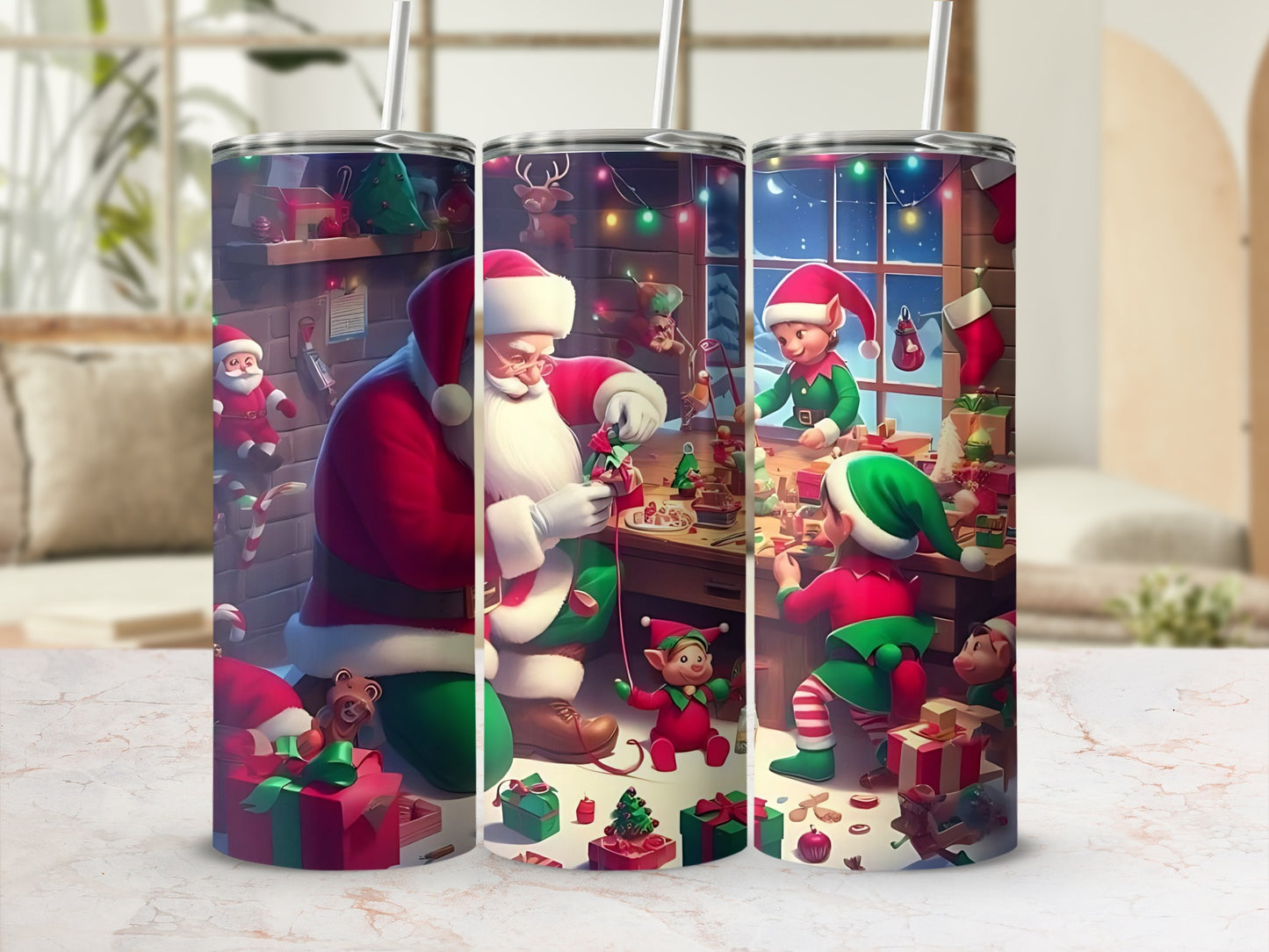 Santa and Elves Christmas Workshop Tumbler Flask