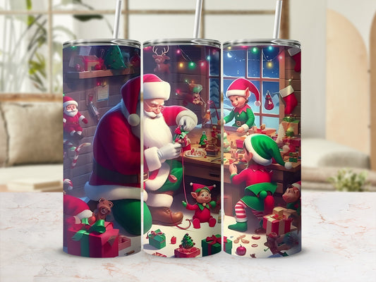 Santa and Elves Christmas Workshop Tumbler Flask