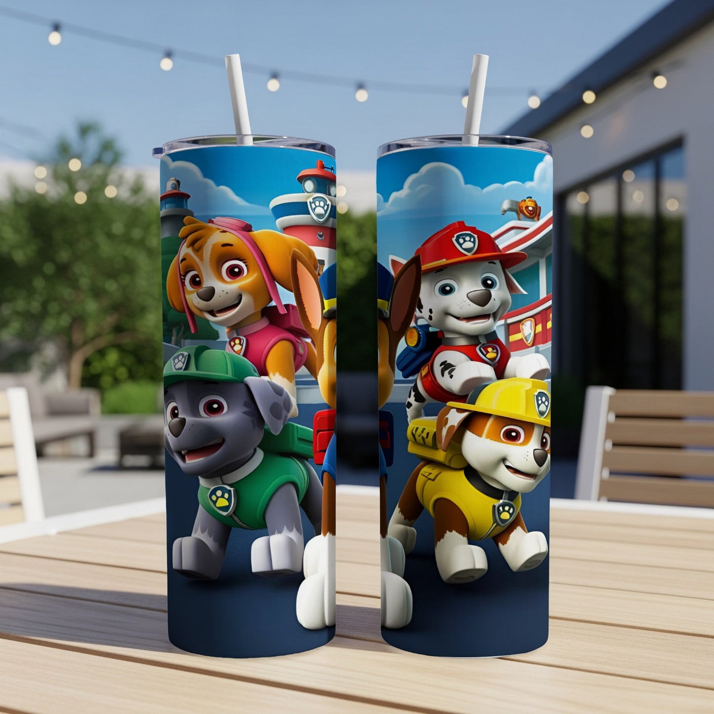 Paw Patrol characters Skye, Chase, and Rubble on two tumblers.