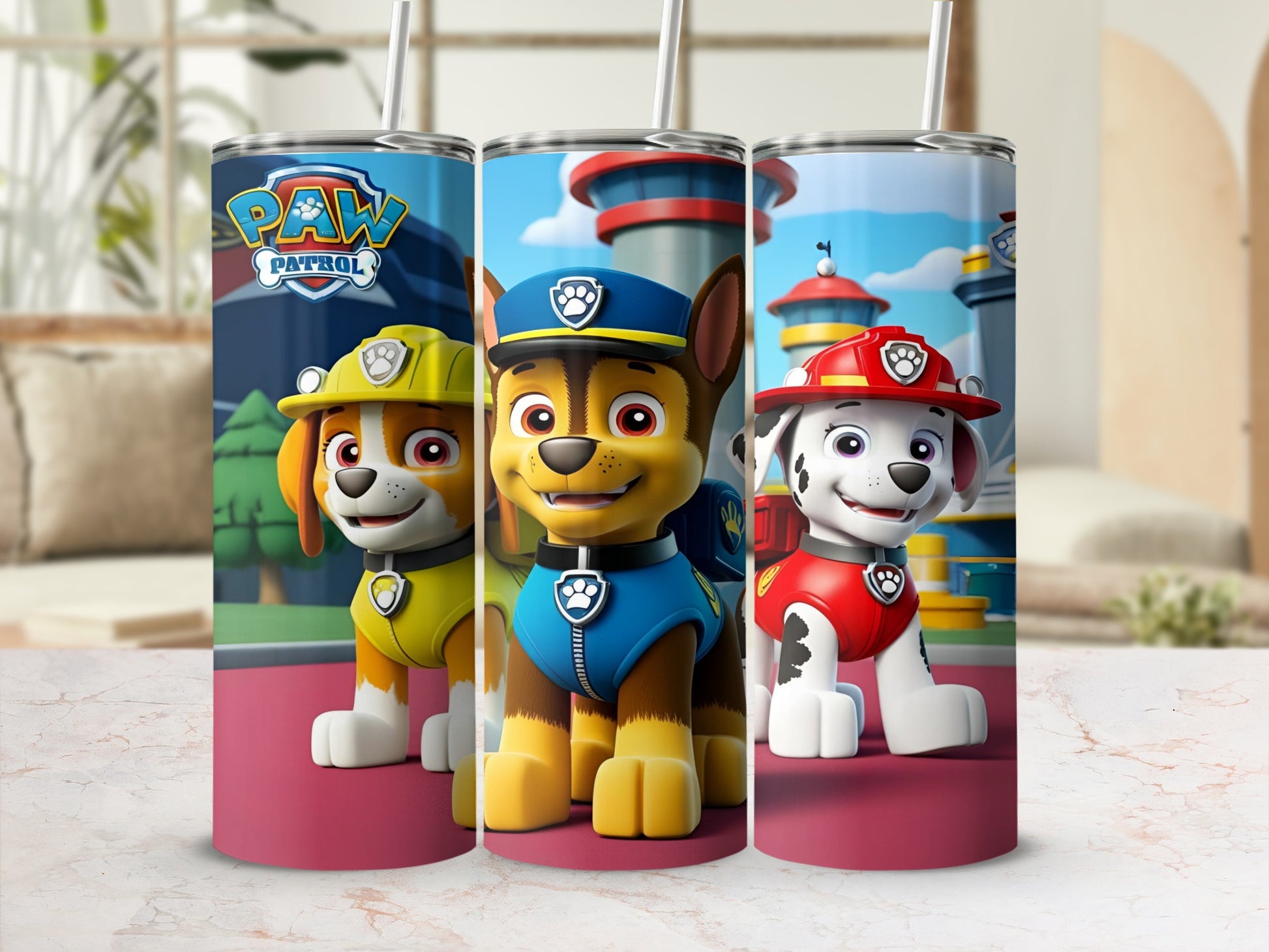 Paw Patrol characters Chase, Marshall, and Rubble on a tumbler.