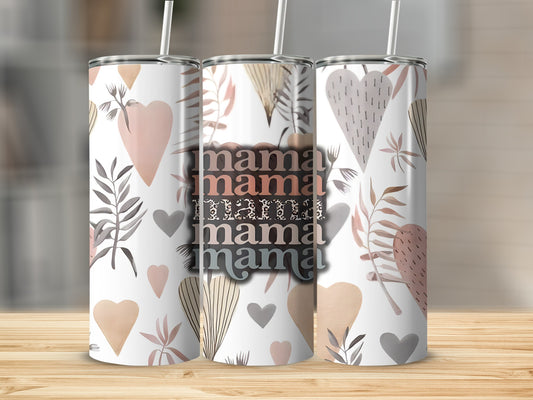 Tumbler with "mama" repeated in different fonts and heart and leaf patterns.