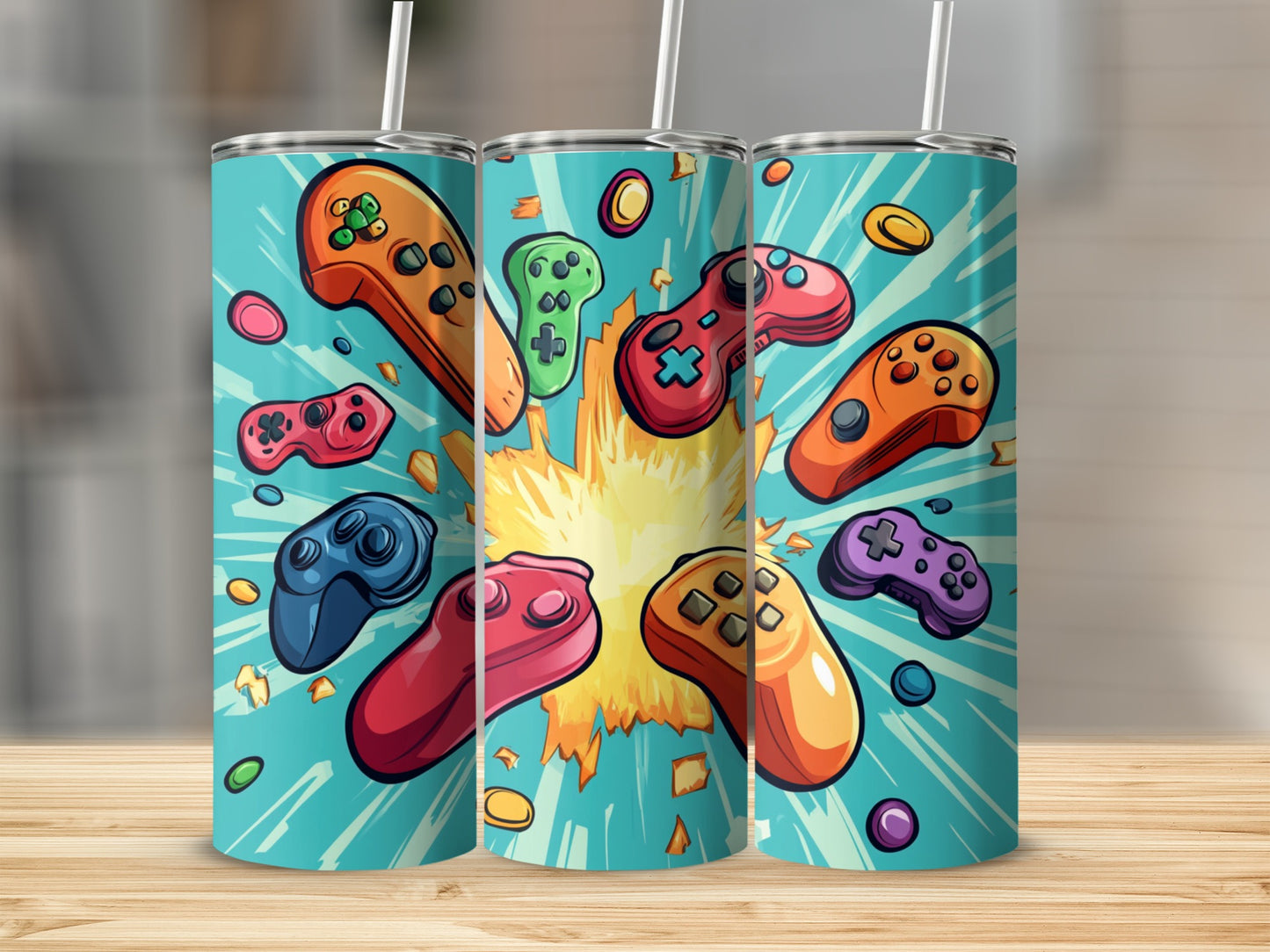 Tumbling game controllers with colorful explosions against a teal background.