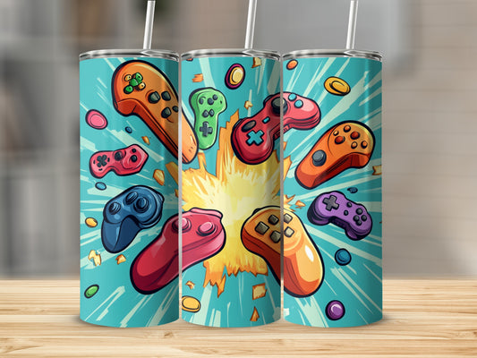 Tumbling game controllers with colorful explosions against a teal background.