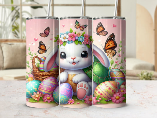 Easter bunny with eggs and butterflies, pink floral tumbler.