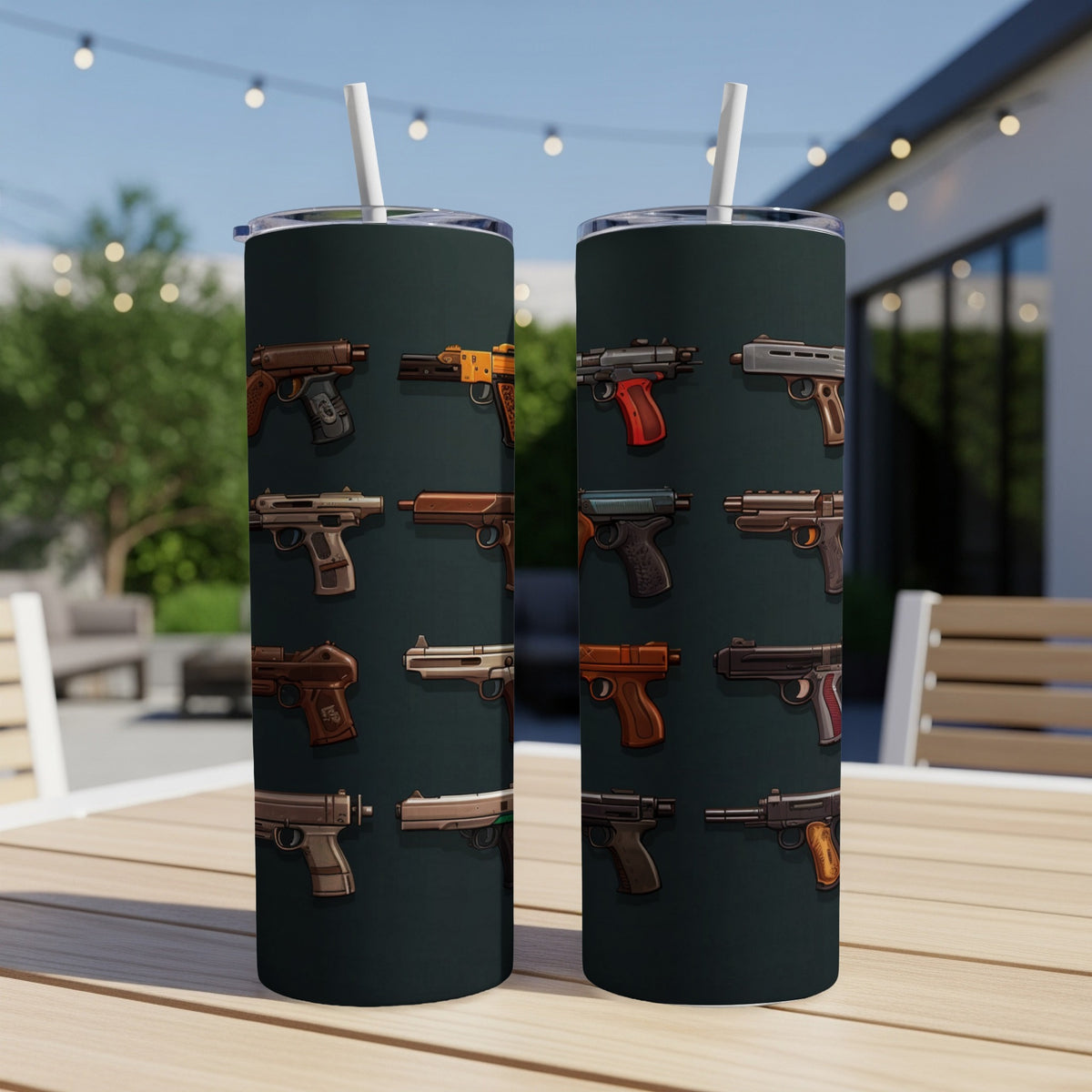 Two tumblers with a dark green background featuring a repeating pattern of various illustrated handguns.