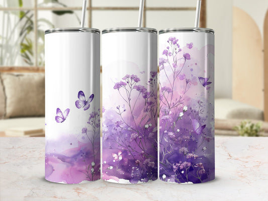 Three tumblers with purple watercolor floral and butterfly design.