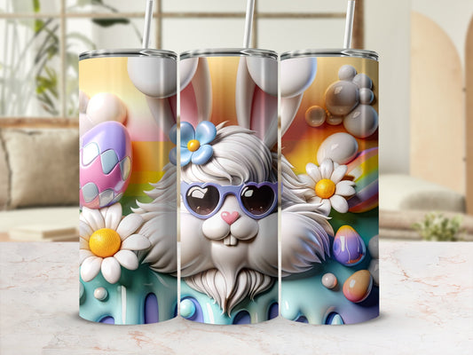 Easter bunny tumbler with sunglasses and pastel Easter eggs.
