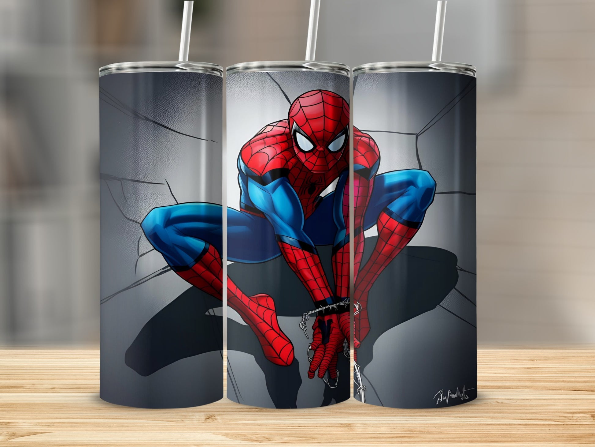 Spiderman crouching on cracked grey background, holding web shooters.