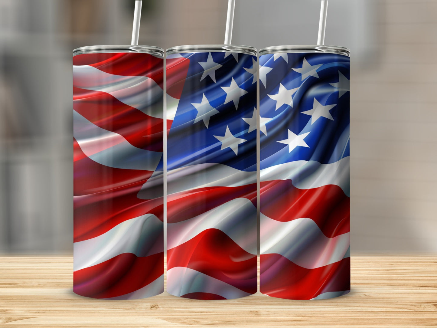 Three tumblers featuring a waving American flag design.