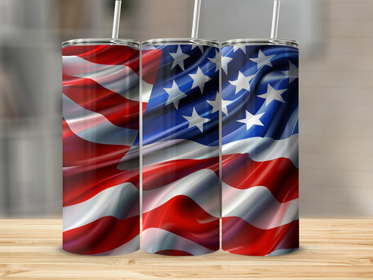Three tumblers featuring a waving American flag design.