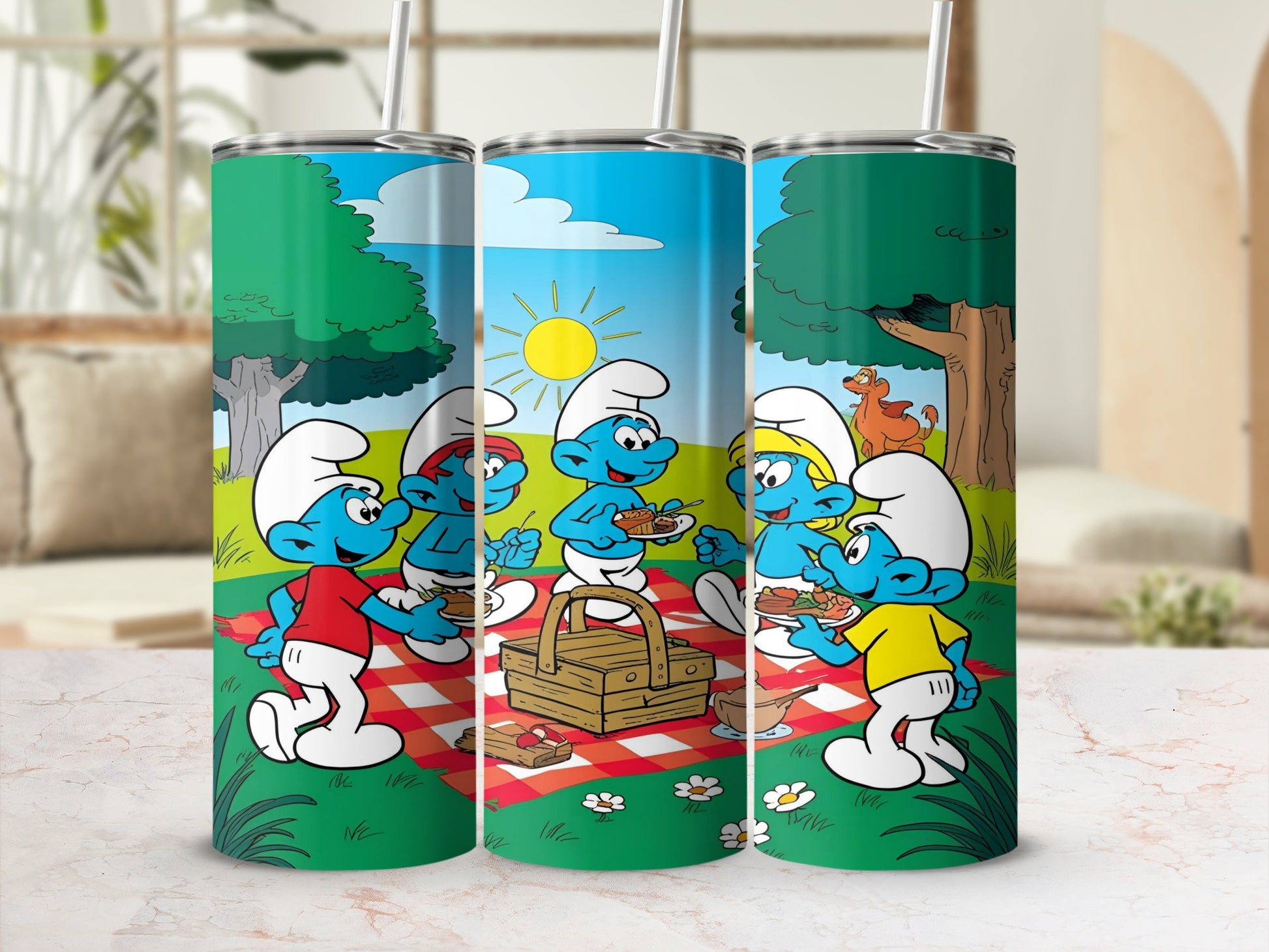 Smurfs having a picnic with basket, food, and sunshine in a park.