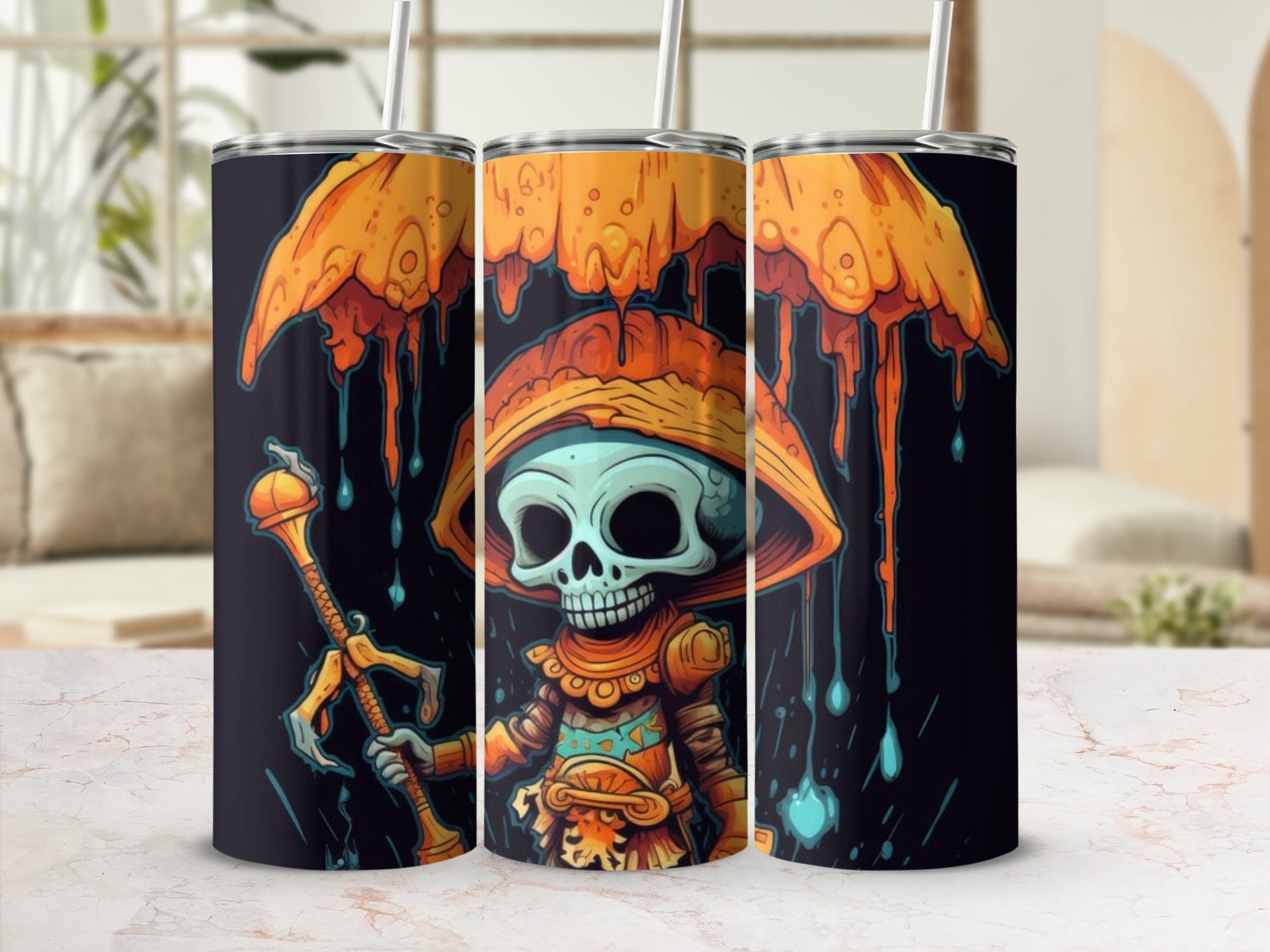 Three tumblers feature a skeleton character with an orange, dripping umbrella and a staff.